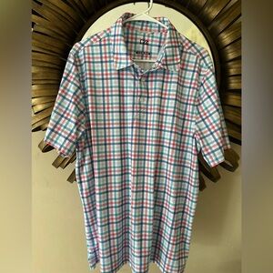 Cutter & Buck red white & blue plaid golf button down shirt